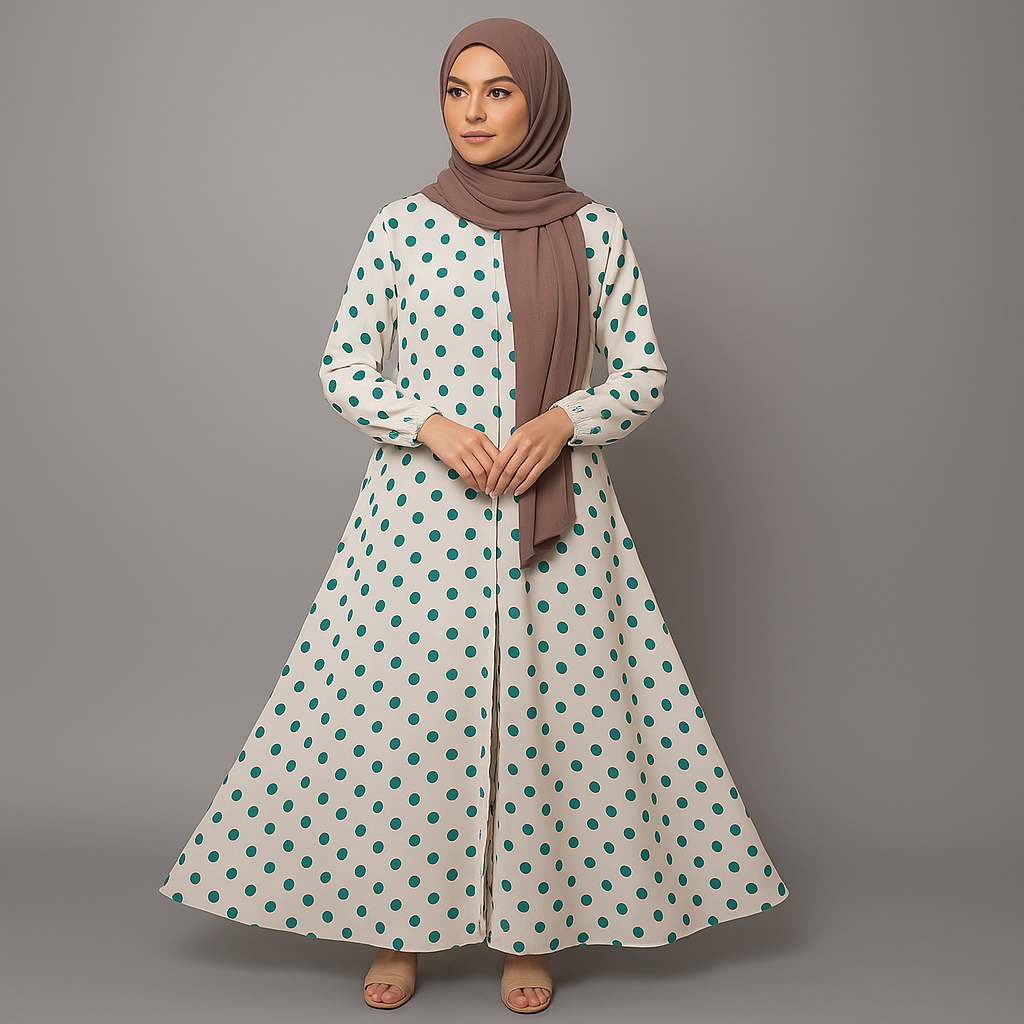White & Green Polka Dot Everyday Abaya
