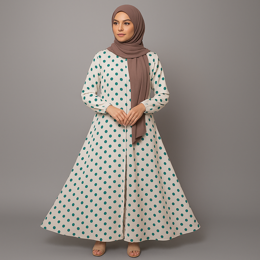 White & Green Polka Dot Everyday Abaya